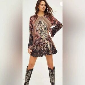 Free People Stevie Printed Tunic-Black Mini Dress Size Small Lace Up Tie Back